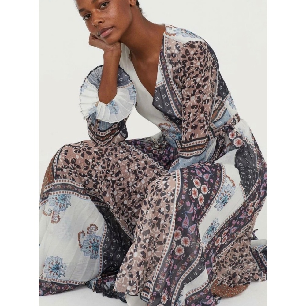 H&M Mismatched Patchwork Pleated Maxi Dress Blue White Paisley Floral Wrap 12 - Picture 2 of 11